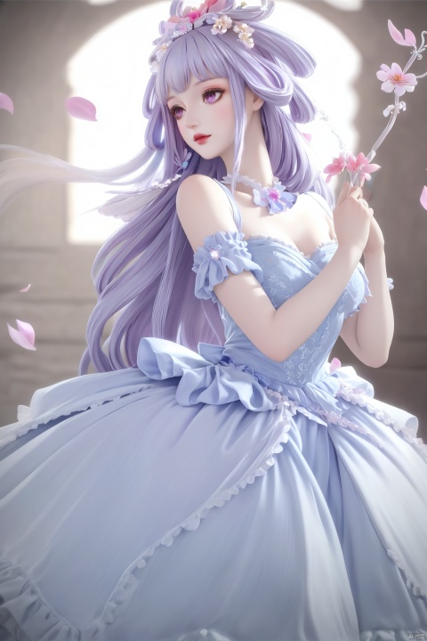  blue theme,blurry background,flower,petals,masterpiece,(best quality),official art, extremely detailed cg 8k wallpaper,((crystalstexture skin)), (extremely delicate and beautiful),highly detailed, collarbone,1girl,long hair,frills,hair ornament,hair bow,hair rings,hair flower,hair rings,dress,standing,Silver Hair,portrait,sitting,silver hair,hair ornament,hair rings,hair flower,flower,petals,Silver Eyes