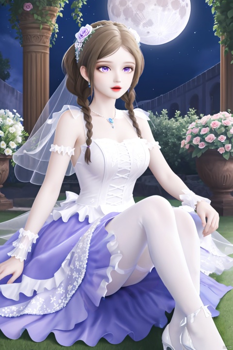  moon,full moon,（outdoors,night）, petals,masterpiece,(best quality),official art, extremely detailed cg 8k wallpaper,((crystalstexture skin)), (extremely delicate and beautiful),highly detailed, (collarbone:0.724), watercolor \(medium\),1girl,Wedding dress,A white wedding dress,frills,petals,bridal gauntlets,floral print,flower-shaped pupils,hair flower,butterfly,hair flower,frilled apron,Roses,pyrefly,Trim one's hair,white pantyhose,Blue High Heels,yume kawaii,sitting,twin braids,purple eyes,Happy,Beautiful,