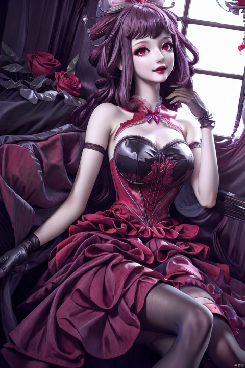 masterpiece,(best quality),official art, extremely detailed cg 8k wallpaper,((crystalstexture skin)), (extremely delicate and beautiful),highly detailed, (collarbone:0.724),1girl,long hair,black dress,dark bride, blood,dress,flower,red dress,strapless dress,center frills,future005,red dress,long dress,Black Corset,Black pantyhose,Lace-up leg strap, sitting on railing,red dress,glove cuffs,happiness,happy,Transparent gloves,Lace gloves