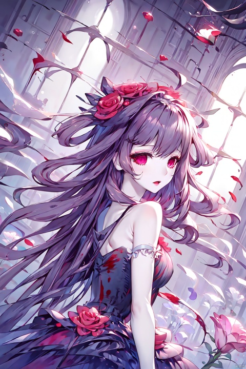 masterpiece,(best quality),official art, extremely detailed cg 8k wallpaper,((crystalstexture skin)), (extremely delicate and beautiful),highly detailed, (collarbone:0.724),1girl,long hair,black dress,dark bride, blood,dress,flower,red dress