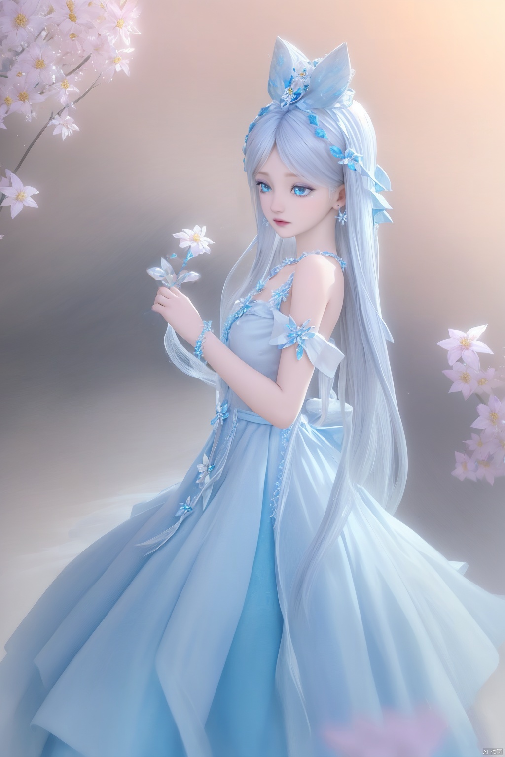  blue theme,blurry background,flower,petals,masterpiece,(best quality),official art, extremely detailed cg 8k wallpaper,((crystalstexture skin)), (extremely delicate and beautiful),highly detailed, collarbone,1girl,long hair,frills,hair ornament,hair bow,hair rings,hair flower,hair rings,Silver Eyes,dress,standing,Silver Hair,portrait,sitting,silver hair,hair ornament,hair rings,hair flower,flower,petals