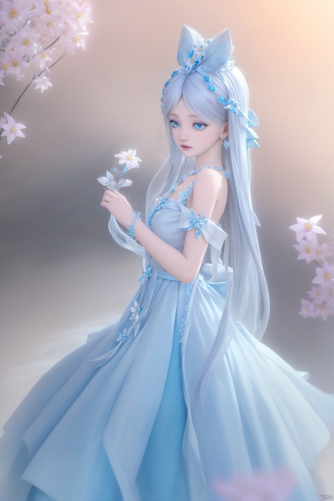  blue theme,blurry background,flower,petals,masterpiece,(best quality),official art, extremely detailed cg 8k wallpaper,((crystalstexture skin)), (extremely delicate and beautiful),highly detailed, collarbone,1girl,long hair,frills,hair ornament,hair bow,hair rings,hair flower,hair rings,Silver Eyes,dress,standing,Silver Hair,portrait,sitting,silver hair,hair ornament,hair rings,hair flower,flower,petals