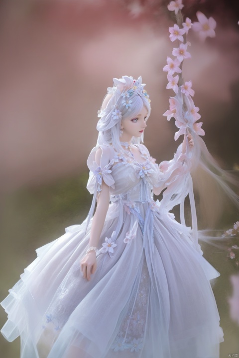  flower,petals,masterpiece,(best quality),official art, extremely detailed cg 8k wallpaper,((crystalstexture skin)), (extremely delicate and beautiful),highly detailed, collarbone,1girl,long hair,frills,hair ornament,hair bow,hair rings,hair flower,hair rings,Silver Eyes,dress,standing,Silver Hair,portrait,sitting,silver hair,hair ornament,hair rings,hair flower