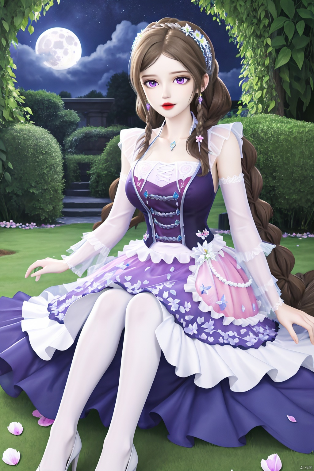 moon,full moon,（outdoors,night）, petals,masterpiece,(best quality),official art, extremely detailed cg 8k wallpaper,((crystalstexture skin)), (extremely delicate and beautiful),highly detailed, (collarbone:0.724), watercolor \(medium\),1girl,Wedding dress,A white wedding dress,frills,petals,bridal gauntlets,floral print,flower-shaped pupils,hair flower,butterfly,hair flower,frilled apron,Roses,pyrefly,Trim one's hair,white pantyhose,Blue High Heels,yume kawaii,sitting,braid,bangs,twin braids,purple eyes,Happy,Beautiful,