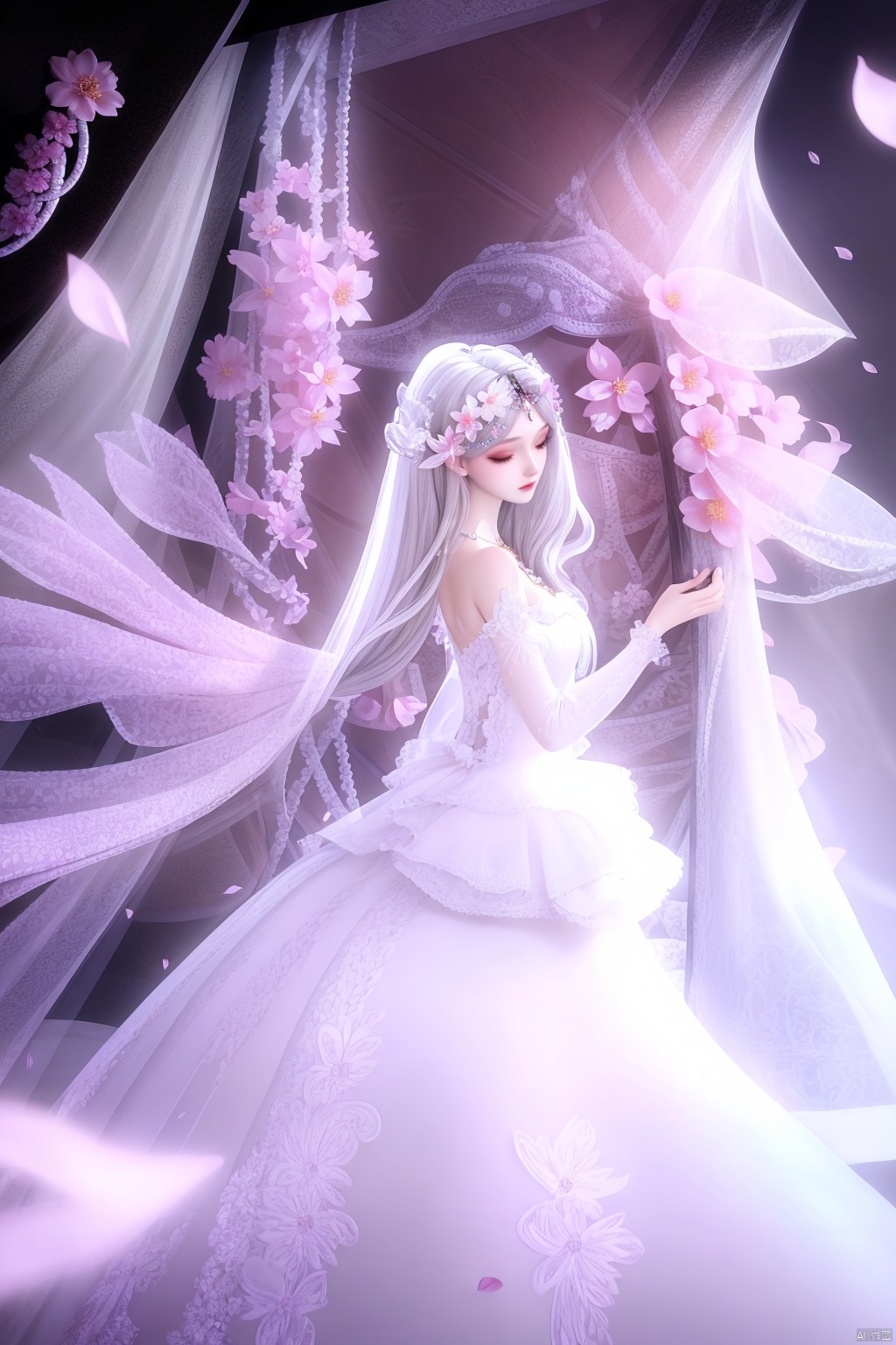  flower,petals,masterpiece,(best quality),official art, extremely detailed cg 8k wallpaper,((crystalstexture skin)), (extremely delicate and beautiful),highly detailed, collarbone,1girl,long hair,frills,hair ornament,hair bow,hair rings,hair flower,hair rings,Silver Eyes,dress,standing,Silver Hair,portrait,sitting,silver hair,hair ornament,hair rings,hair flower