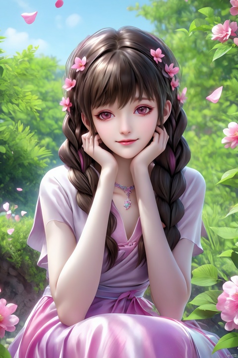 petals,outdoors,Beautiful background,flower_petals, flower,masterpiece,(best quality),official art, extremely detailed cg 8k wallpaper,((crystalstexture skin)), (extremely delicate and beautiful),highly detailed, (collarbone:0.724),1girl,solo,  dress,short sleeves,twin braids,collar,looking at viewer,closed mouth,:),happy,hand on own face,sitting, hunv