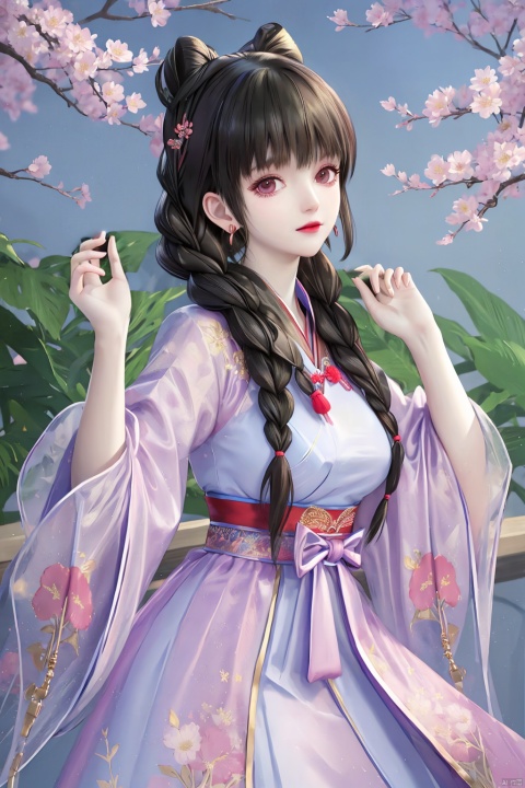 (best quality, masterpiece:1.3),1girl,solo,dress,,flower,white flower,breasts,earrings,, looking_at_viewer, hanfu,twin braids,braided bun,chineseclothes,floral print,hair bow,:),happiness,closed mouth,cutie,chineseclothes,red dress,white dress,jewelry,see-through,floral print,wide sleeves,hair stick,hair scrunchie