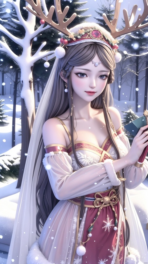  1girl,smile,snowflakes,A snowman girl with white skin,A snowman girl,A dress made of snow,A girl made of snow,Snowman Girl,Hair made of snow,, HUBG_Rococo_Style(loanword), hanfu,Best quality, 8k, cg,antlers,christmas,fur-trimmed_headwear,reindeer_antlers, reindeer_costume, hanfu,bare shoulders, hanfu,holding legs, hanfu