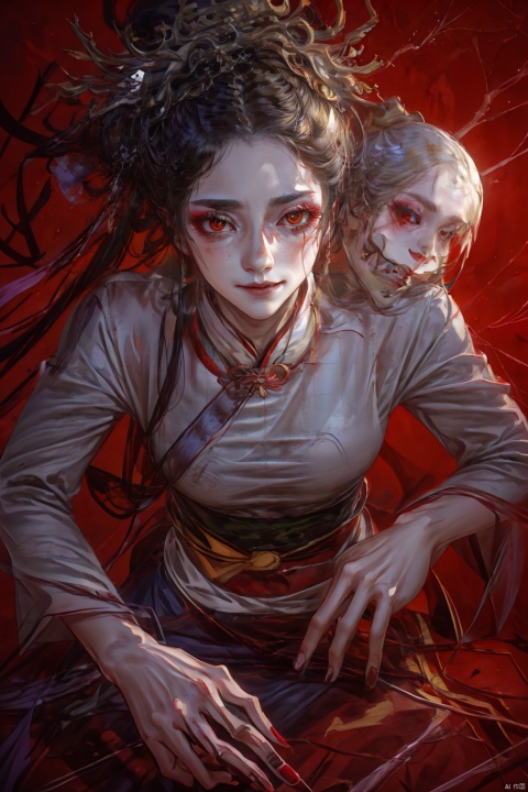 illustration,Wallpaper, ukiyo-e, royal sister and Chinese ghosts, rich colors, dark painting style, 1 royal sister, red glowing eyes, long black hair, wearing a black Chinese cheongsam, white plush shawl, evil smile, holding an ink pen, in Drawing on the desk, surrounded by countless floating ghosts of pain and blue souls, the souls and ghosts wrap around the girl, shocking picture, visual impact --q 2 --s 750 --niji 6 --ar 16:9 --, dofas, MATURE FEMALE, cosmetic contact lenses_Sharingan, zhonghuaniang, horror