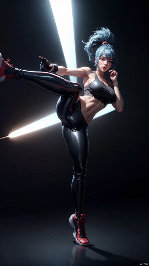 ponytail,leona heidern,Solo,highest resolution,1girl,long white hair,delicate facial features,wearing combat clothing,high kicks,sideways,full body photo,sports bra, Tight latex clothing,solo