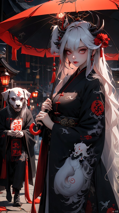 1 girl with long white hair, official special effects, holding a soul flag, waving the flag, followed by various ghosts and monsters (lantern ghost, umbrella ghost, ghost, evil ghost, big dog, etc.), the scene is eerie, with a hundred ghosts walking at night, the picture is grand, CG, wallpaper, 8K, jiangshi costume