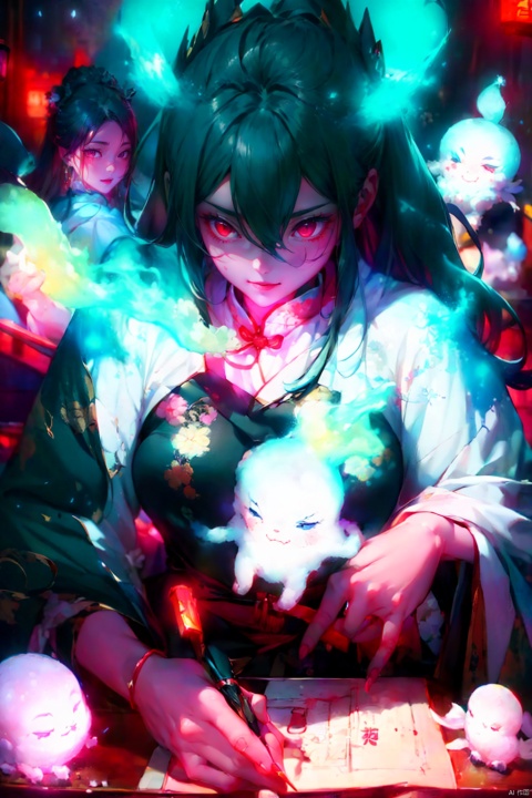 illustration,Wallpaper, ukiyo-e, royal sister and Chinese ghosts, rich colors, dark painting style, 1 royal sister, red glowing eyes, long black hair, wearing a black Chinese cheongsam, white plush shawl, evil smile, holding an ink pen, in Drawing on the desk, surrounded by countless floating ghosts of pain and blue souls, the souls and ghosts wrap around the girl, shocking picture, visual impact --q 2 --s 750 --niji 6 --ar 16:9 --, dofas, MATURE FEMALE, cosmetic contact lenses_Sharingan, zhonghuaniang