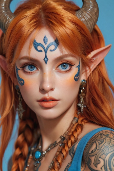  (((Masterpiece))), (((Best Quality: 1.4))), ((Super Detail: 1.4)) , hyper detailed gouache painting of a female Tiefling, gorgeous exotic features, amber neon eyes:1.5, orange hair, hyper detailed face features, expressivo face, detailed textures, blue skintone, tattoos, natural skin shader, volumetrics, warm undertones under her skin, ultra High resolution
