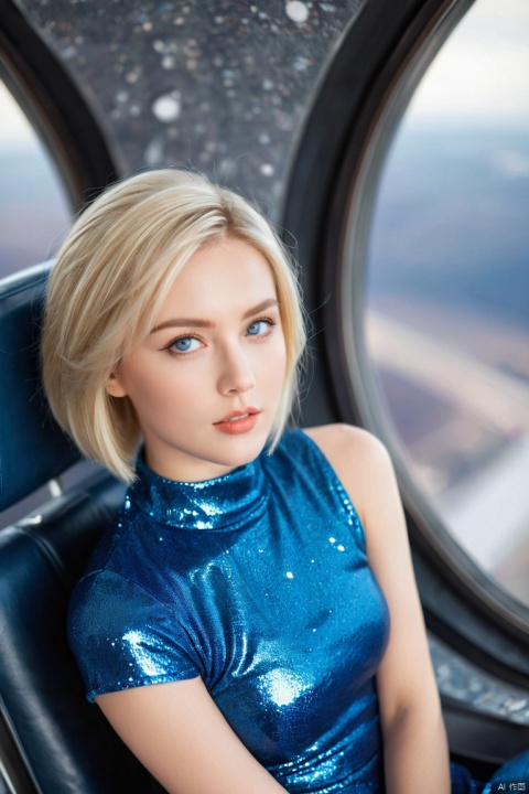 A young sexy woman with blond hair and blue eyes,short hair,wearing hot clothes,Sitting on the seat of a spaceship,Beautiful starla can be seen in the window
