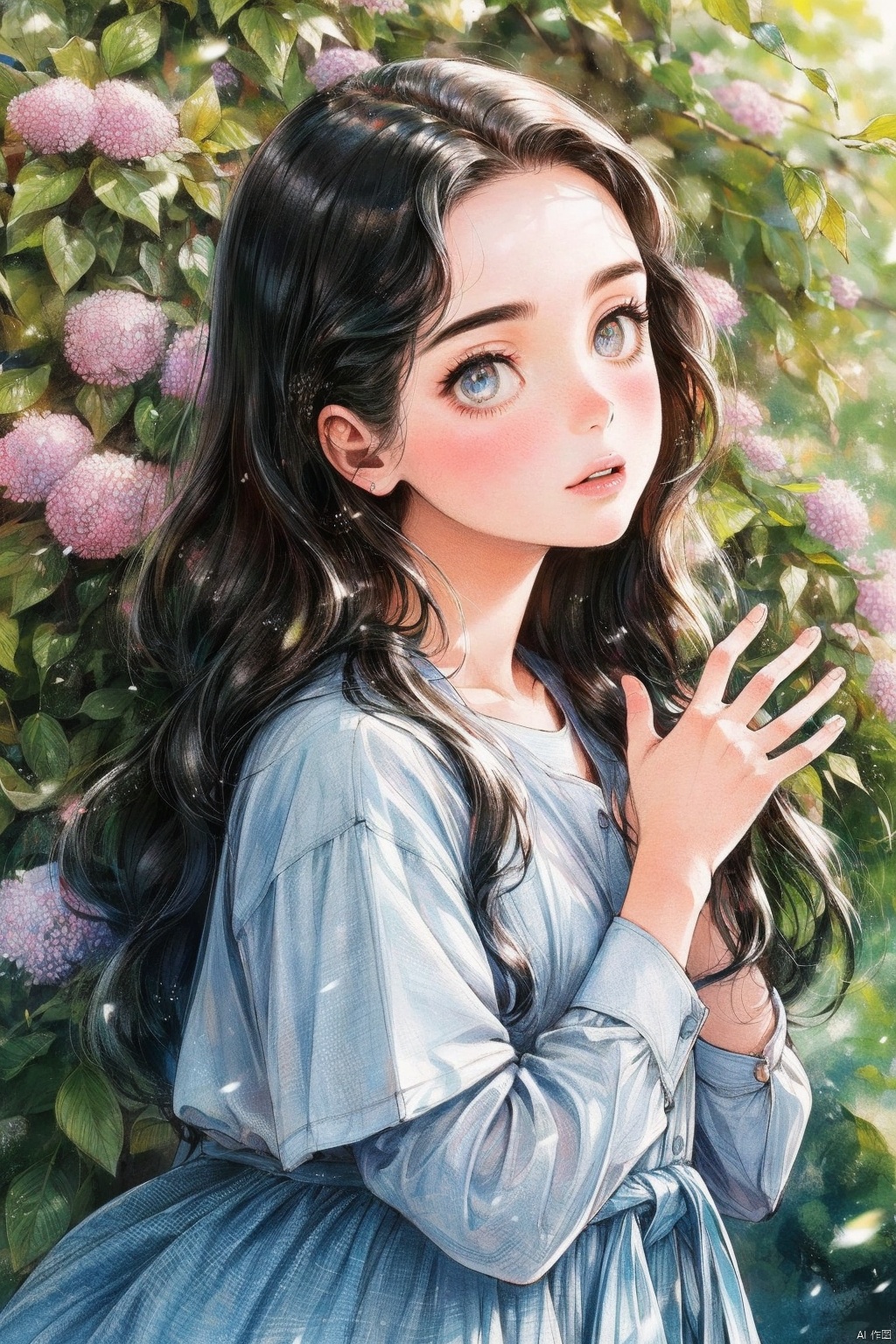  best quality, hyper realism, (ultra high resolution), masterpiece, 8K, RAW Photo,1girl,outdoor,(beautiful face:1.5),see throug,90s, Long hair reaching the waist,In the morning, in the flowers,hide hands behind back, slender waist,Modern and fashionable hairstyle,shirt tucked in,overskirt