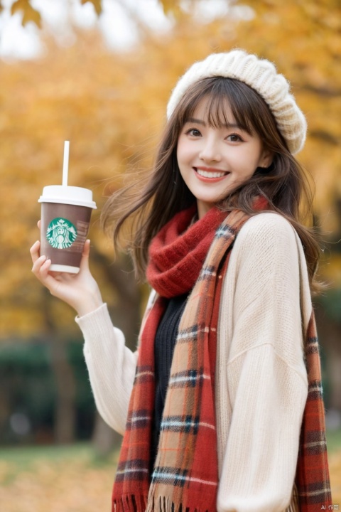 1 girl, autumn leaves, Bangs, black headdress, blurred background, blush, brown eyes, brown hair, brown scarf, brown skirt, cardigan, coffee, Cowboy shooting, cup, disposable cup, drink, fallen leaves, Wool cap, Keep, Keep drink, leaf, long hair, long sleeve, looking at the audience, open cardigan, open mouth, Plaid, Plaid skirt, puffy long sleeve, red sweater, scarf, shirt, shirt tucked in, side lock, skirt, Smile, alone, sweater, white shirt, Very detailed, complex, masterpiece, Ridiculous
