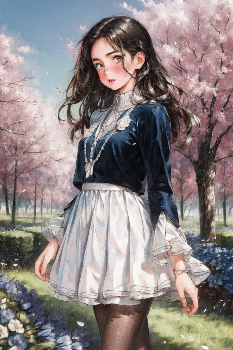  best quality, hyper realism, (ultra high resolution), masterpiece, 8K, RAW Photo,1girl,outdoor,(beautiful face:1.5),see throug,90s, Long hair reaching the waist,In the morning, in the flowers,hide hands behind back, slender waist,Modern and fashionable hairstyle,(black dress), white skirt, pantyhose, (black dress), white skirt, pantyhose