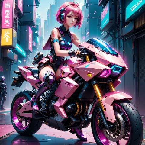  anime artwork of a girl\(cyberpunk, mecha\) with motorcycle\(ZOTAC Futuristic Motorcycle\), full body, Pink parted short hair, pink eyes, imperious, cyberpunk, dramatic, key visual, vibrant, highly detailed, holographic,look back