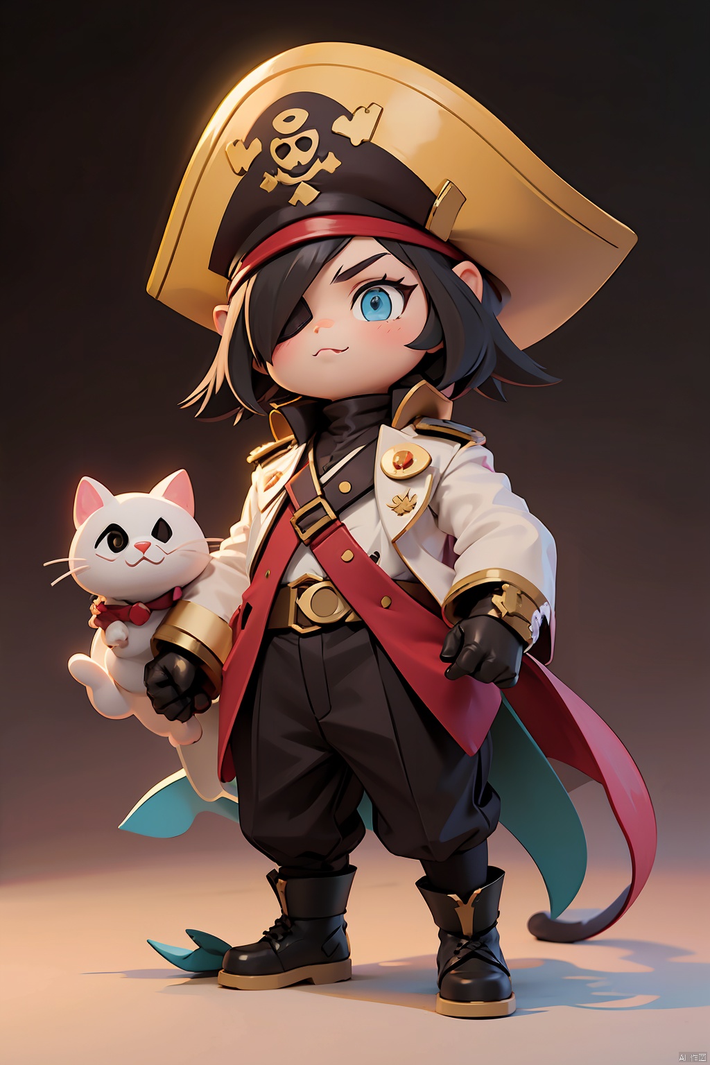  1cat, pirate captain's single-eye eyepatch, one-eyed cat captain wearing captain's clothing and a captain's tricorn hatpokemon_\(creature\), solo, full_body, Standing, gradient_background,