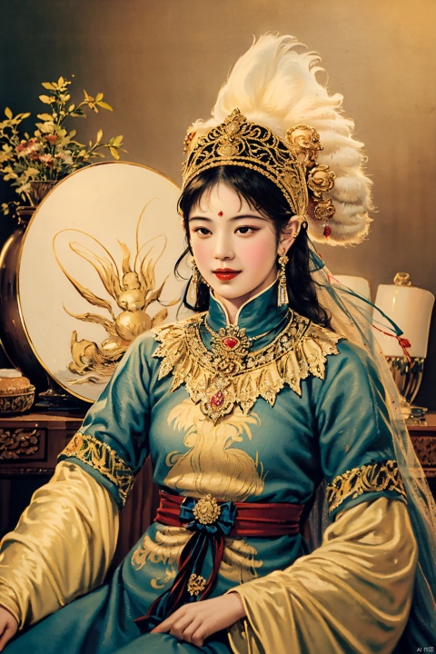 poster,female, fantasy illustration, long flowing hair, intricate headdress, mythical accessories, vibrant colors, semi-transparent clothing, ornate jewelry, seated pose, ethereal atmosphere, golden accents, suggestion of movement, multiple limbs hinting at deity, serene expression, mystical aura, Asian art influence, soft lighting, dark background, use of gold leaf effect, digital painting., ROC Charm