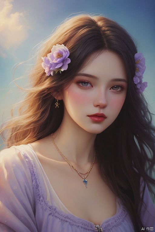  oil painting,detailed painting inspired by Charlie Bowater, 1girl, blooming exquisite necklace,her face is a lilac flower, dreamland, watercolor, Sky Fantasy