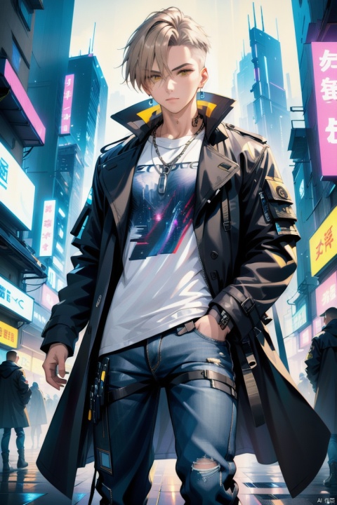  (best quality), ((masterpiece)), (highres), illustration, original, extremely detailed, male focus, 1boy\(cyberpunk, 18 years old\), muscular male, whirte t-shirt, black trench coat, jeans, boots, warming, short silver hair, necklacer, building, cityscape, clothing cutout, (cropped jacket), cyberpunk, from side, dramatic, key visual, vibrant, highly detailed, Zotac aso