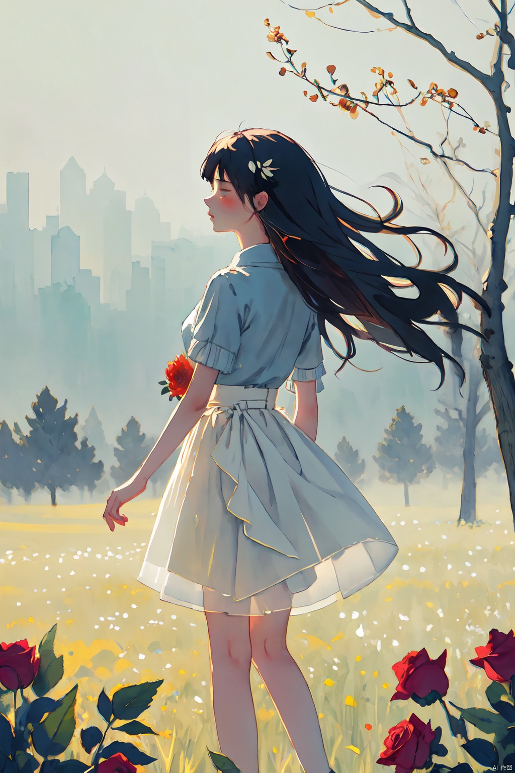  A melancholic autumn scene in a vast flower field,a gentle breeze rustling through the dry grass,fallen leaves scattered among the flowers, a bittersweet atmosphere, a moment of quiet contemplation,1girl,long hair,white_skirt, high-waist_shorts, outfit ,roses,(dynamic angle:1.1),vivid,Soft and warm color palette, delicate brushwork, evocative use of light and shadow, wide shot,subtle details in the wilting flowers,high contrast,color contrast,at night,shadow, CGArt Illustrator, Gauze Skirt, Light master