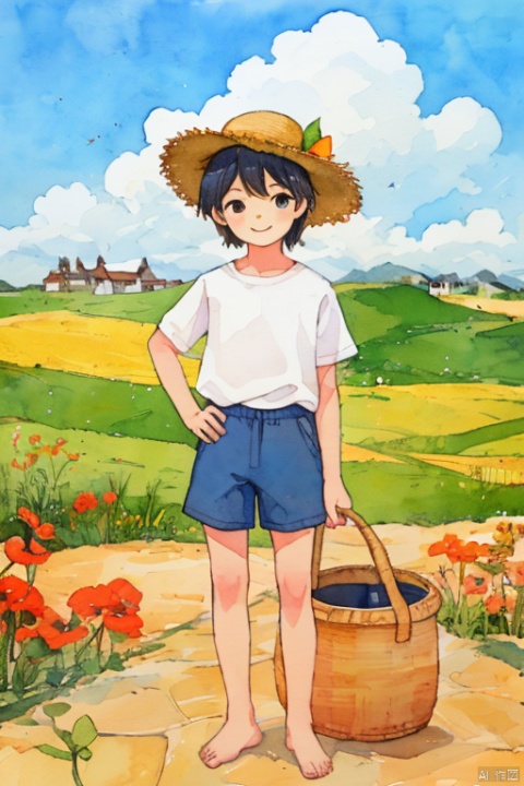  A child, about five or six years old, wearing a worn straw hat, a simple white short-sleeved shirt and shorts, standing barefoot next to a small house made of straw and bamboo. His face is filled with an innocent smile, his hands on his hips as if admiring his own little world. Surrounded by green rice fields, in the distance are rolling hills. High Detail, CGArt Illustrator, watercolor