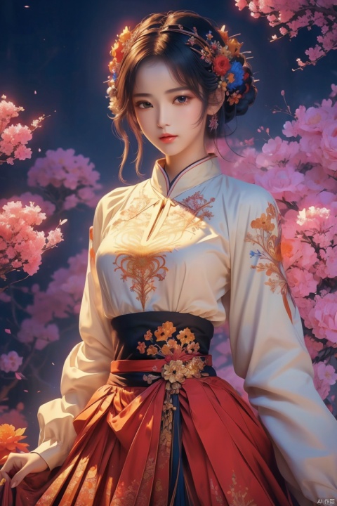  anime,(masterpiece, top quality, best quality, official art, beautiful and aesthetic:1.2),(1girl),upper body,extreme detailed,(fractal art:1.3),colorful,flowers,highest detailed,1 girl,glowing,skirt tied over head,shirt, mpaidui, mtianmei