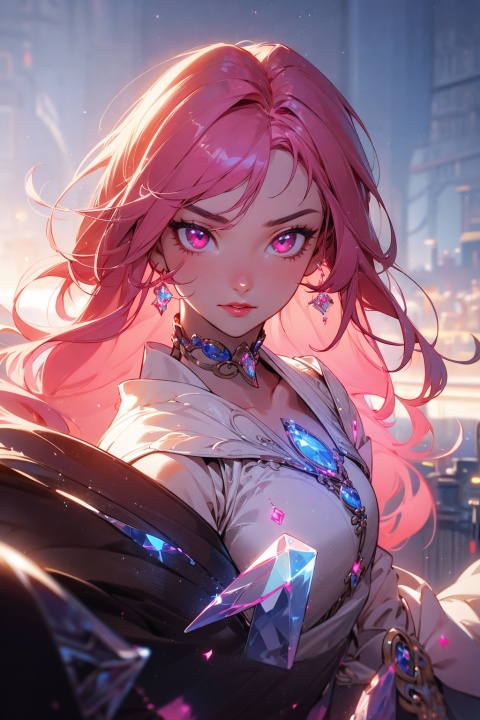 (aerial view,view of city),1girl flying in air,beautiful cute crystal girl in 26 years old, wearing crystal wear, the crystal is evil, black and pink and red glowing crystal, crystal pink hair, the power is every wear, she is evil but cute, the crystal is evil and glowing black and pink and red colors, detailed evil eyes,she has a serious expression and her lips are closed glowing crystal wear, (incredible details, cinematic ultra wide angle, depth of failed, hyper detailed, insane details, hyper realistic, high resolution, cinematic lighting, soft lighting, incredible quality, dynamic shot,,Hair with scenery,baiyueguangya,huliya,glint sparkle,1 girl,Sky Fantasy