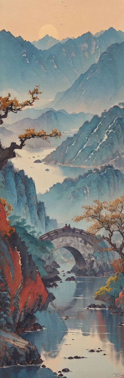  Shen Mengxi's painting "Qianli Jiangshan" depicts a landscape in the style of the Song Dynasty, using meticulous brushwork combined with a touch of freehand brushwork. Among the layered mountains and peaks, pine trees grow, and there is a light green lake with a mirror-like surface. A stone bridge with a pavilion connects two mountains. In the distance, there are continuous far-off mountains and a pale blue sky ((without any clouds)), The setting sun hangs in the sky, creating a captivating scene,claborate-style painting,pixel world,a photo of shanshui byjinliang,zydink,山水, watercolor