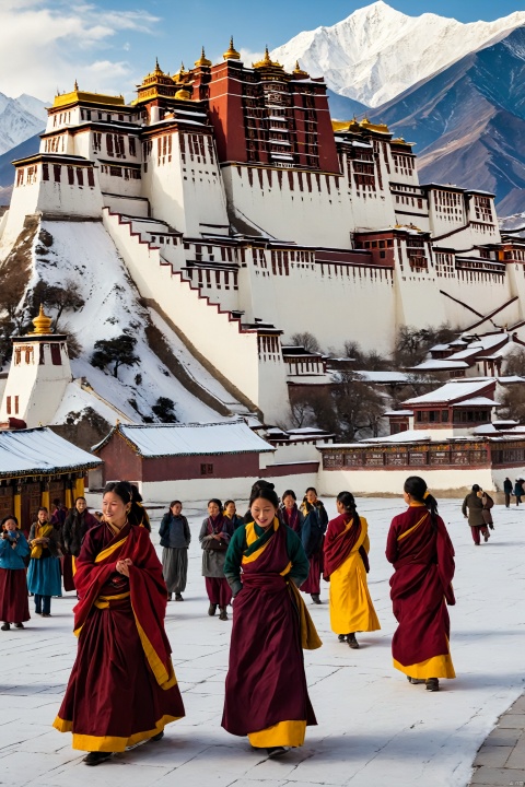 A serene scene unfolds: a group of Tibetan women, resplendent in their vibrant traditional attire, gather at the iconic Potala Palace. The majestic palace's golden walls glow warmly in the soft light of dawn, while the women's intricate garments shimmer with subtle colors. They pose with gentle ease, surrounded by the snow-capped Himalayas' majestic peaks, their faces radiant with kindness and warmth.