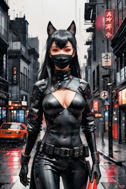  cyberpunk cityscape, a girl dressed in an elegant black suit, who has the( mask of a kitsunes blak_red:1.4), holding a baseball bat on his shoulder, with black leather gloves, 8k quality, in a medium shot on a background of a night city. digital art and illustration by greg rutkowski, trending pixiv, award winning cinematic dramatic lighting closeup portrait studio photography hyperrealistic very detailed 4K HDR volumetric lightrays octane render ultra, greyscale, , neon lights, dark alleys, skyscrapers, futuristic, vibrant colors, high contrast, highly detailed,tamamo (fate),fox girl,medium breasts,(cowboy shot),(nsfw:0.9)