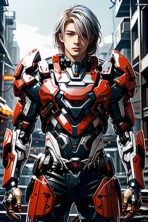 anime style  of young boy\(20 years old\):1.5) with Red Mecha, silver hair, handsome, upper body, breathtaking, ,Cyberpunk background,illustration,flat color