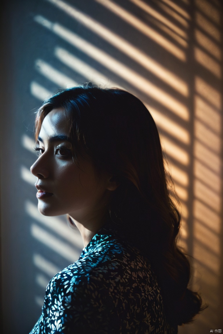 cinematic film still of  
a woman with a shadow on her face casting shadow style cucoloris patterned illumination, shallow depth of field, vignette, highly detailed, high budget, bokeh, cinemascope, moody, epic, gorgeous, film grain, grainy