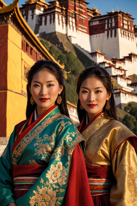 Tibetan women in traditional attire, vibrant silk brocade and intricate embroidery adorning their robes, pose against the majestic backdrop of Potala Palace's crimson walls. Soft golden light illuminates their serene faces as they gaze out at the surrounding Himalayan landscape.