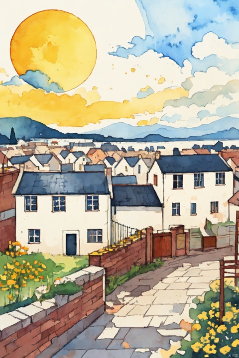  
sketch of the white buildings and yellow sun with buildings dotted with houses, in the style of scottish landscapes, historical documentation, bloomcore, poignant, authentic details, bold, black lines, illustration, mdong, CGArt Illustrator, watercolor
