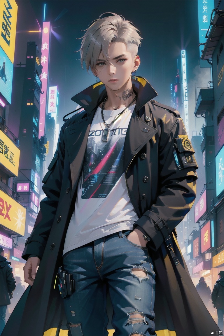  (best quality), ((masterpiece)), (highres), illustration, original, extremely detailed, male focus, 1boy\(cyberpunk, 18 years old\), muscular male, whirte t-shirt, black trench coat, jeans, boots, warming, short silver hair, necklacer, building, cityscape, clothing cutout, (cropped jacket), cyberpunk, from side, dramatic, key visual, vibrant, highly detailed, Zotac aso