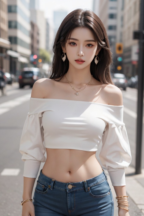  sdmai,lanmeng,1girl,solo,jewelry,realistic,long hair,necklace,Tight fitting jeans,bracelet,black hair,white shirt,off-shoulder shirt,shirt,ring,midriff,earrings,looking at viewer,parted lips,off shoulder,bare shoulders,navel,standing,