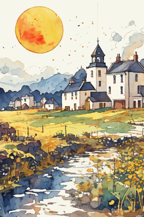 
sketch of the white buildings and yellow sun with buildings dotted with houses, in the style of scottish landscapes, historical documentation, bloomcore, poignant, authentic details, bold, black lines, illustration, mdong, CGArt Illustrator, watercolor