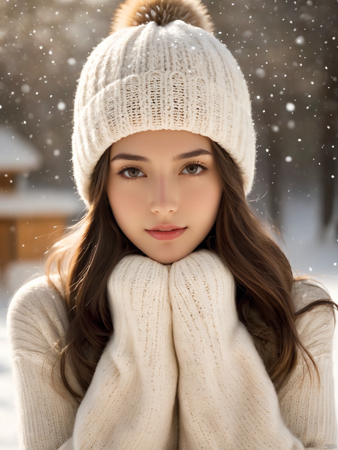  masterpiece, photorealistic of a girl, (helf-length portrait:1.5), long hair, sweater, sweater hat, supporting head on hands, (cute face, temptations look), snowing background, (sepia photography), (professional photo, balanced photo, balanced exposure),extremely beautiful detailed face, best shadow, medium breasts, white shirt, Face Score