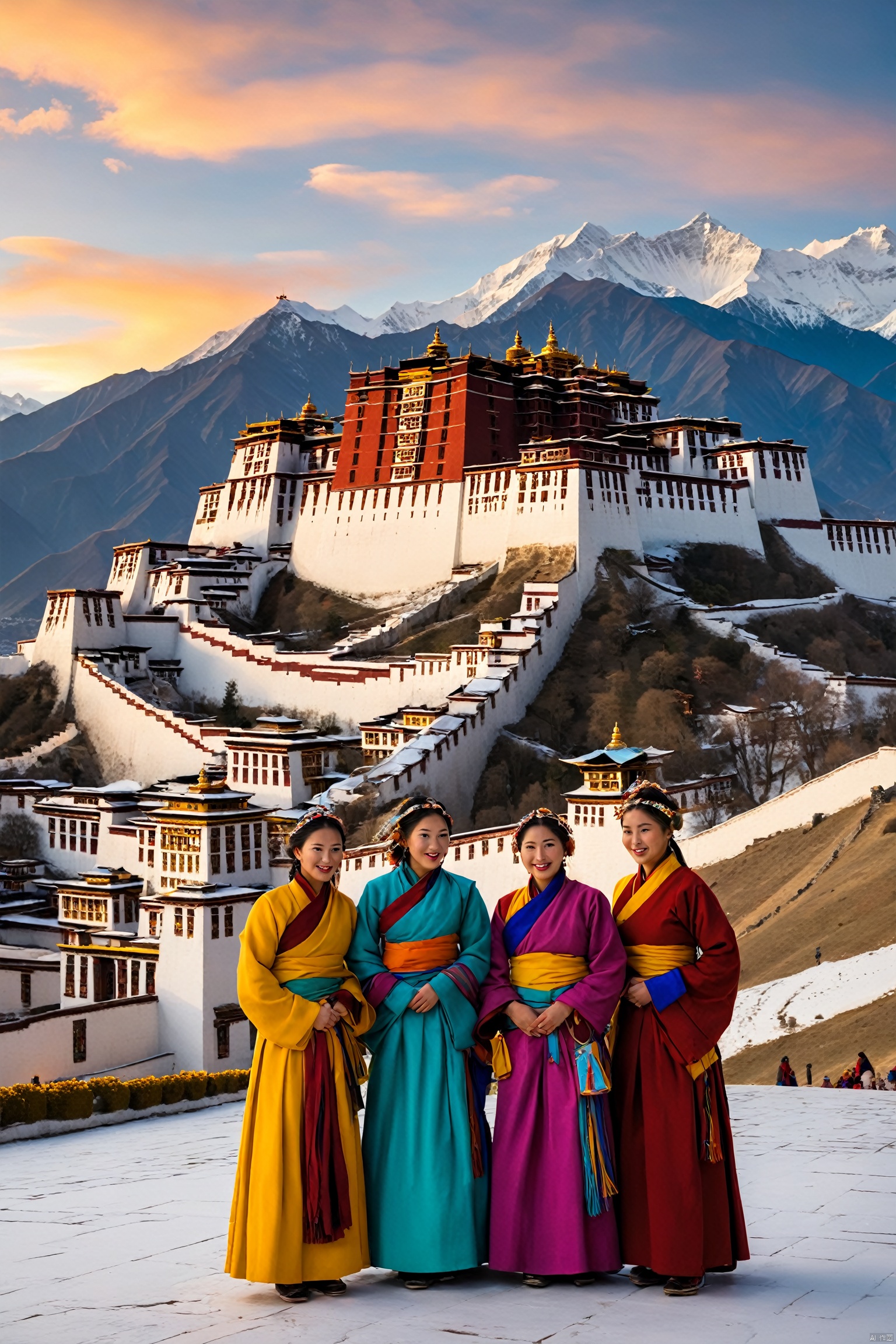 A serene scene unfolds: a group of Tibetan women, resplendent in their vibrant traditional attire, gather at the iconic Potala Palace. The majestic palace's golden walls glow warmly in the soft light of dawn, while the women's intricate garments shimmer with subtle colors. They pose with gentle ease, surrounded by the snow-capped Himalayas' majestic peaks, their faces radiant with kindness and warmth.