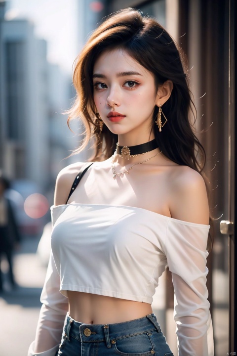  cinematic photo,jewelry,long hair,blurry,denim,hoop earrings,earrings,pants,blurry background,jeans,realistic,1girl,choker,necklace,black pants,parted lips,midriff,off shoulder,outdoors,solo focus,long sleeves,depth of field,crop top,lips,black choker,ring,brown hair,breasts,off-shoulder shirt,shirt,looking at viewer,blonde hair,collarbone,day,messy hair,lens_flare,. 35mm photograph,film,bokeh,professional,4k,highly detailed, Light master, Sky Fantasy