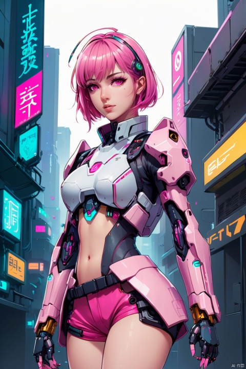  anime artwork lucy \(cyberpunk\), anime artwork of a girl\(cyberpunk, mecha\), full body, Pink parted short hair, pink eyes, imperious, cyberpunk, white background, dramatic, key visual, vibrant, highly detailed,