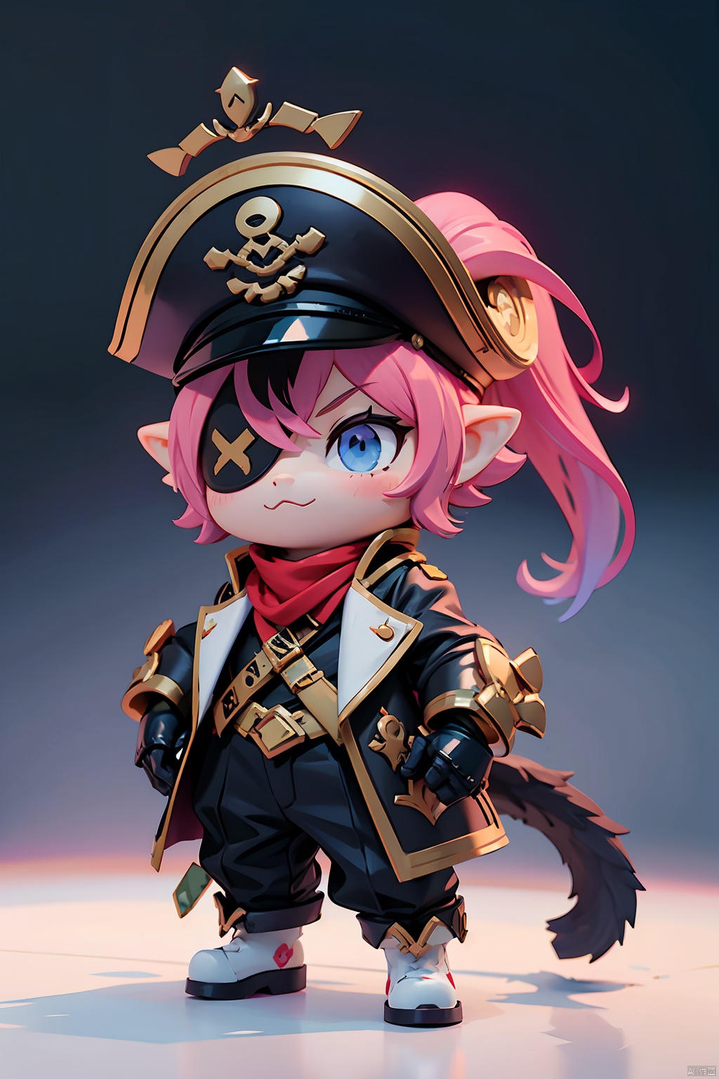  1cat, pirate captain's single-eye eyepatch, one-eyed cat captain wearing captain's clothing and a captain's tricorn hatpokemon_\(creature\), solo, full_body, Standing, gradient_background,