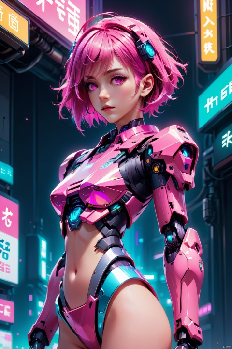  anime artwork of a girl\(cyberpunk, mecha\), full body, Pink parted short hair, pink eyes, imperious, cyberpunk, dramatic, key visual, vibrant, highly detailed, holographic