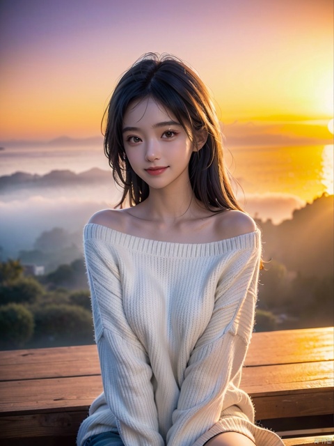 (photorealistic:1.4),realistic,atmospheric depth, masterful technique, naturalistic representations, harmonious composition, creative refinement, striking juxtapositions,
(1girl, young beauty),upbody, sitting, smile, looking at viewer, from above, sharp focus, oversized_sweater, shoulder,
((sunset)),volumetric fog, outdoors, backlight, boyfriend, pantyhose,Light master, Sky Fantasy