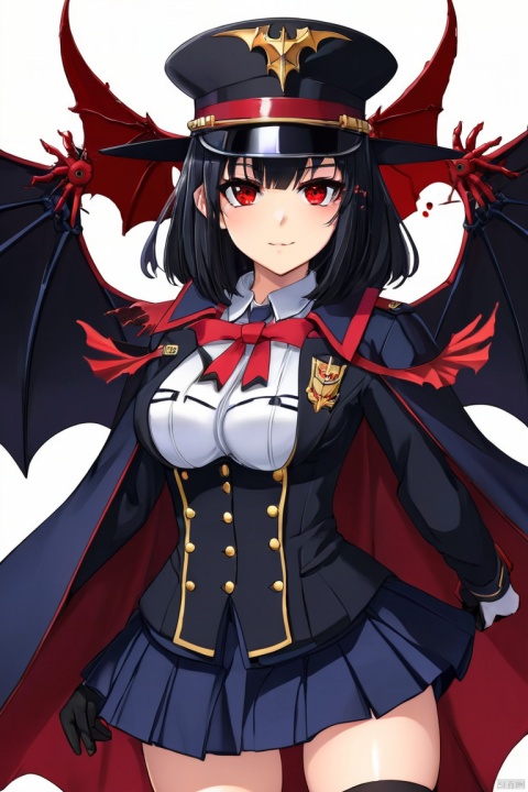  mecha_musume,armor,1girl, solo, long_hair, looking_at_viewer, skirt, black_hair, red_eyes, gloves, long_sleeves, hat, hair_between_eyes, twintails, closed_mouth, standing, jacket, wings, white_gloves, cape, exspressionless,look at viewers,uniform, black_jacket, military, black_headwear, blood, military_uniform, buttons, bat_wings, peaked_cap, epaulettes, demon_wings, military_hat, blood_on_face, double-breasted, blood_on_clothes, aiguillette, vampire,,, mecha musume