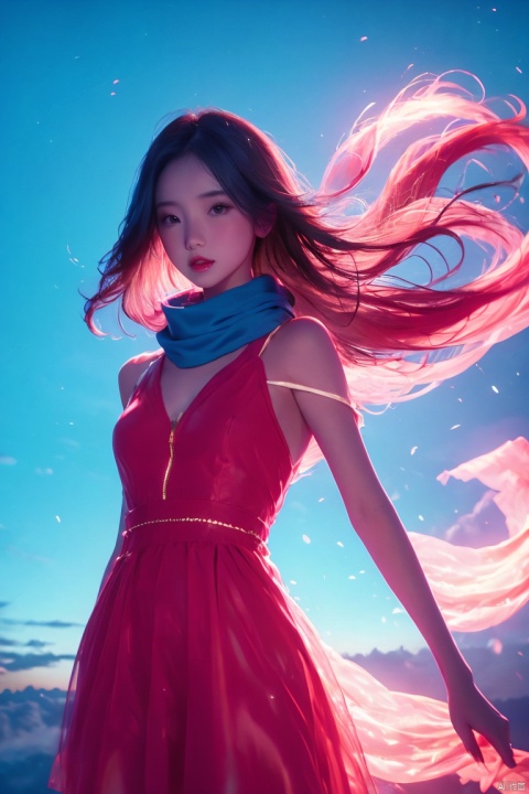  1girl, red dress, (scarf), wind, petal, 1 girl, purdress, Sky Fantasy