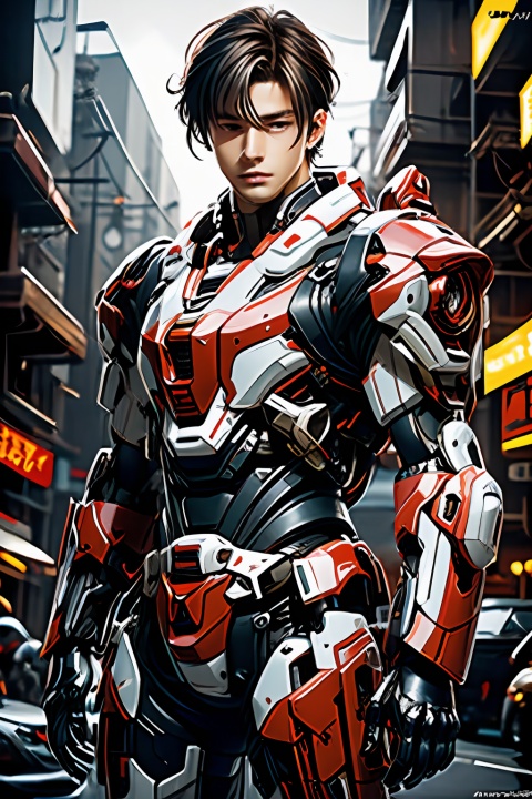 anime style  of young boy\(20 years old\):1.5) with Red Mecha, silver hair, handsome, upper body, breathtaking, ,Cyberpunk background,illustration,flat color